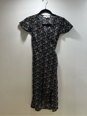 LOFT Black Midi Dress with Pink and Green Floral Print